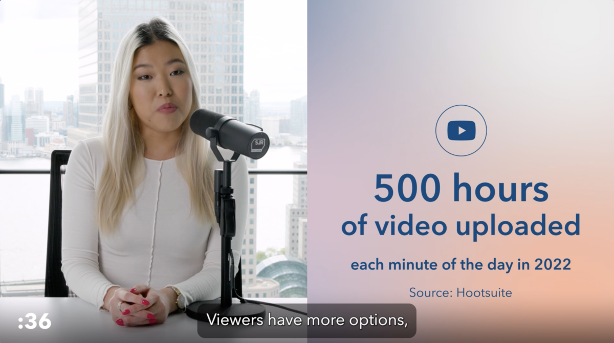 Video frame with text: 500 hours of video uploaded each minute of the day in 2022. Source: Hootsuite