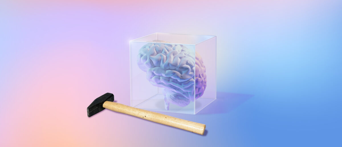 illustration of a hammer laying next to a glass case containing a brain