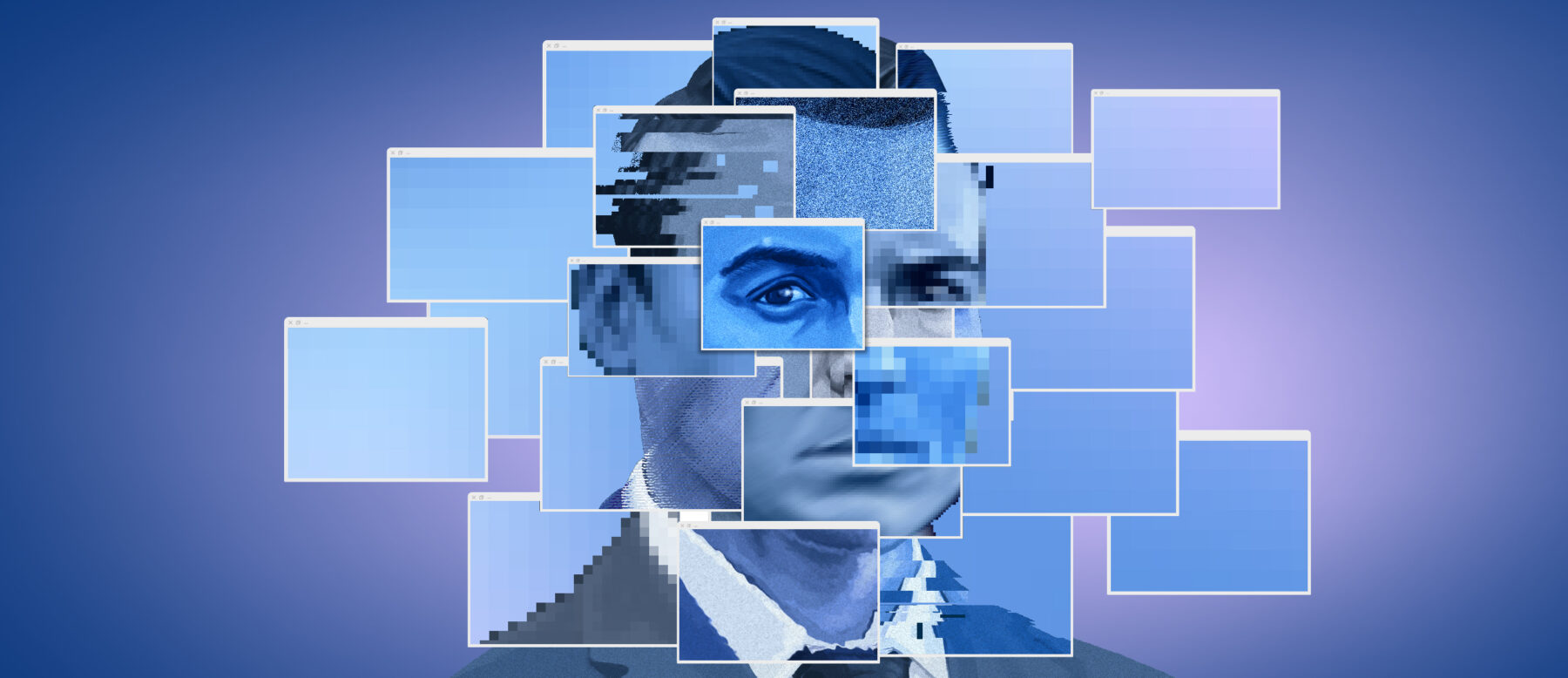 Image of a man's face distorted with squares and pixels.